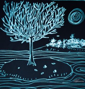 Screenprint by George Sfougaras of a tree surrounded by calm water
