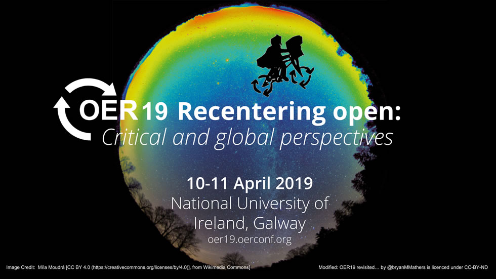 OER19 flyer image with text "OER19 Recentering Open. Critical and global perspectives. 10-11 April 2019. National University of Galway, Ireland."