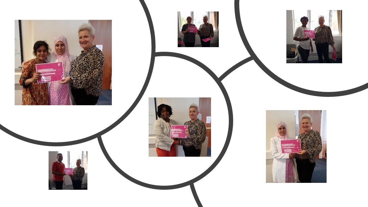 collage of six different photos from a celebration of participants in the Open to People project receiving their certificates